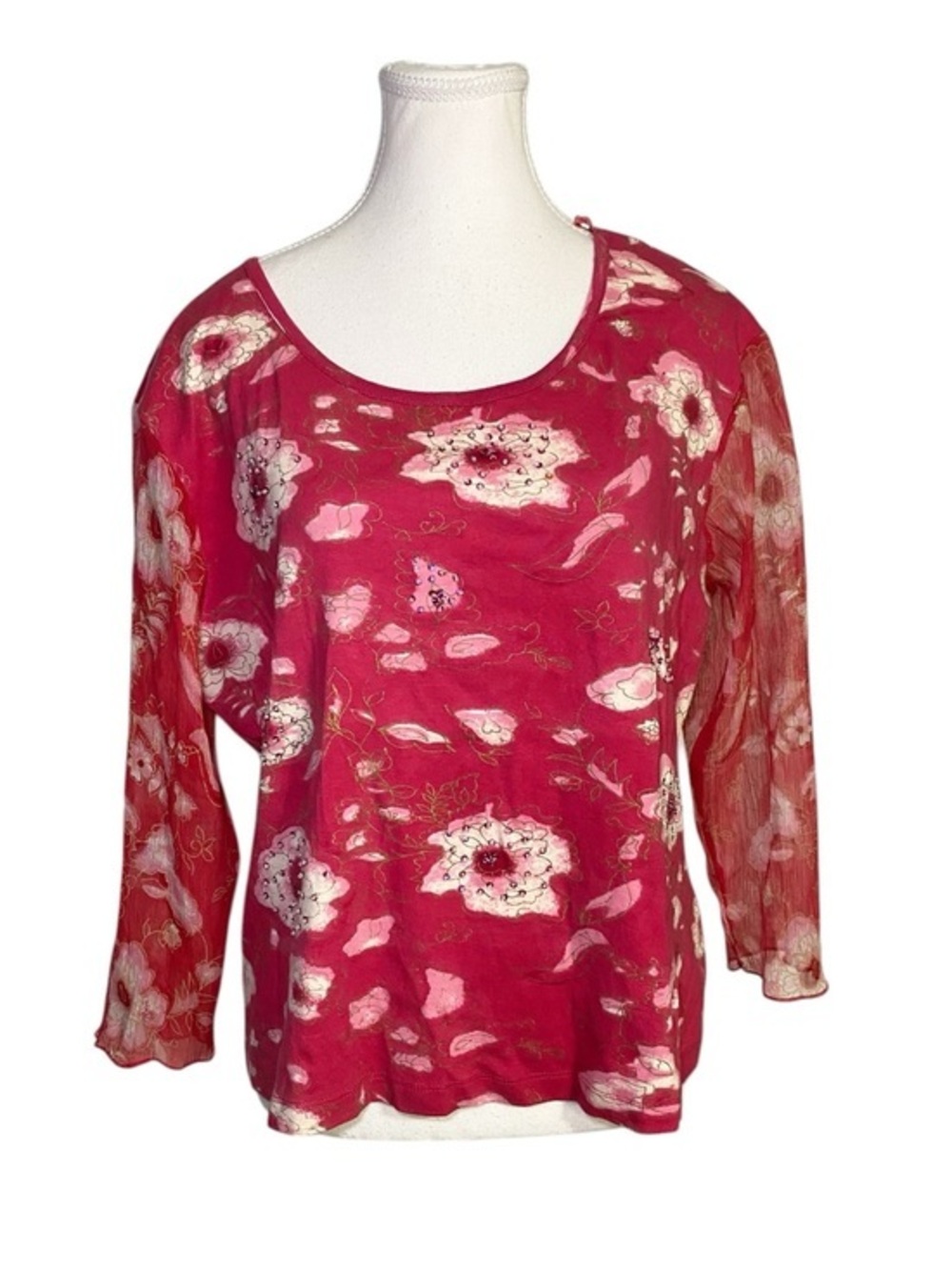 ERIKA Vintage Y2K Pink Floral Top Size XL | Sheer Sleeves Beaded Boho Chic